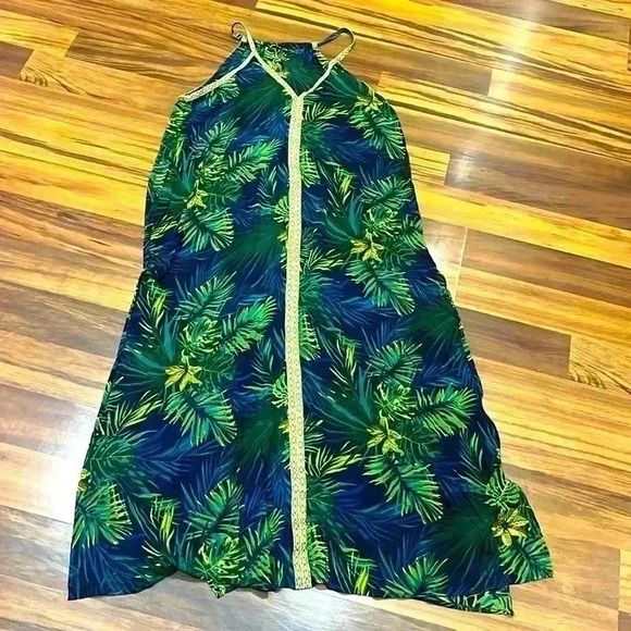 America & Beyond Green Tropical Palm Print Maxi Dress Large - Picture 3 of 8
